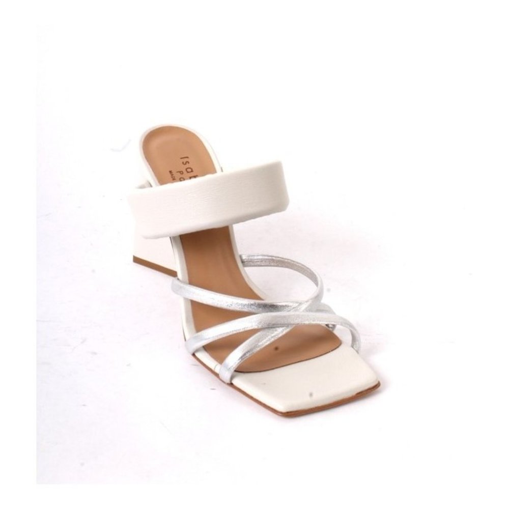 Isabelle 637a White Silver Leather Elongated Square Toe Heels Shoes Sandals